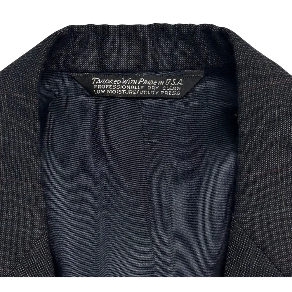 vtg 90s USA Made 42L 34x33 Charcoal Windowpane Check 2pc Pant Suit Wool Pleated